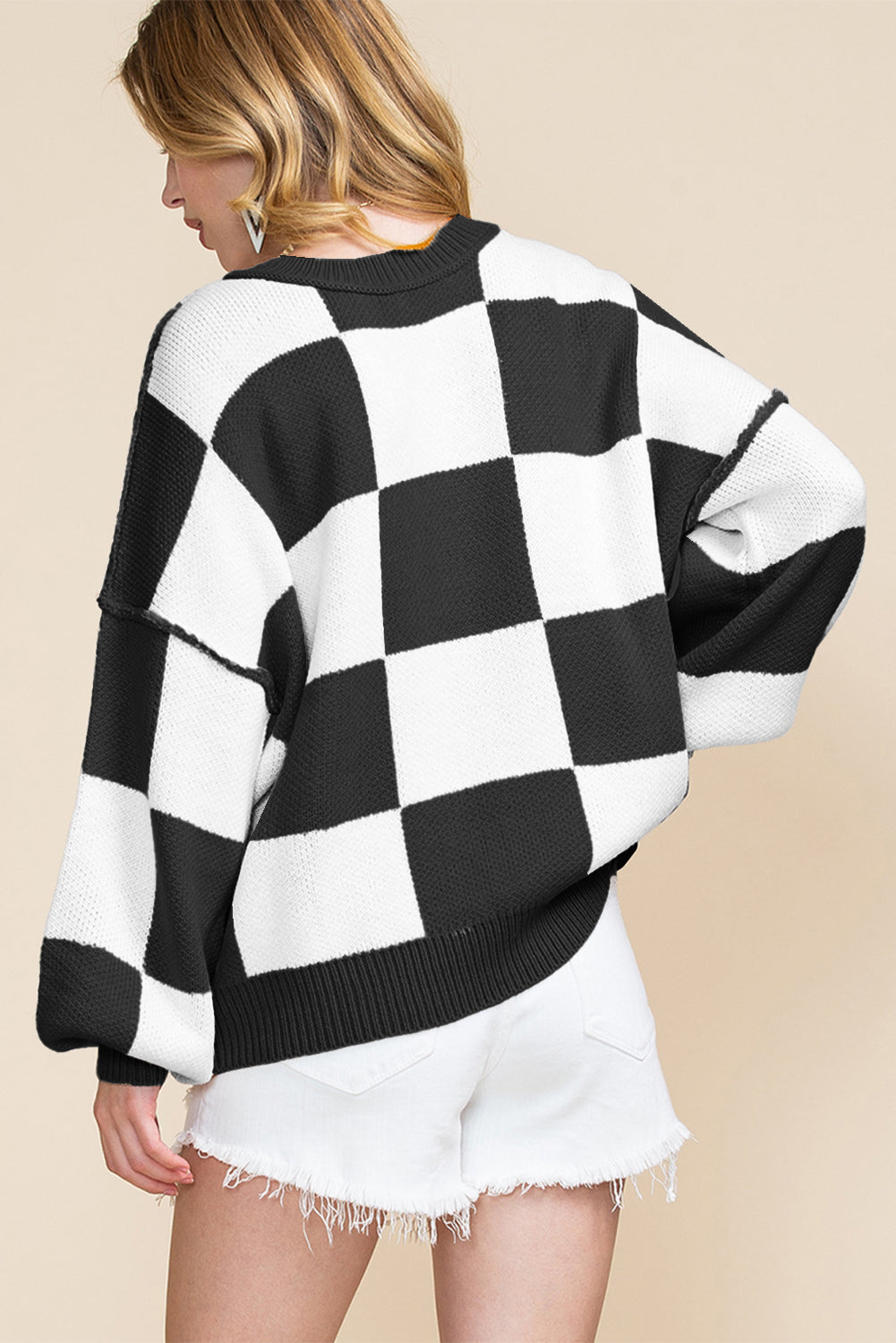 Pink Checkered Bishop Sleeve Sweater