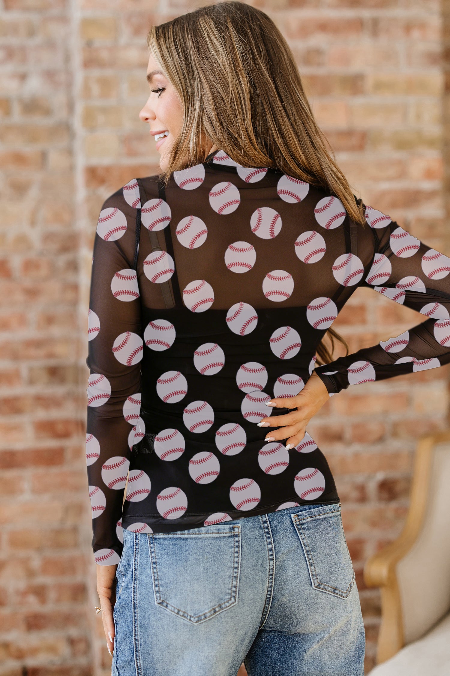 Black Rugby Game Day Sheer Mesh Long Sleeve Top