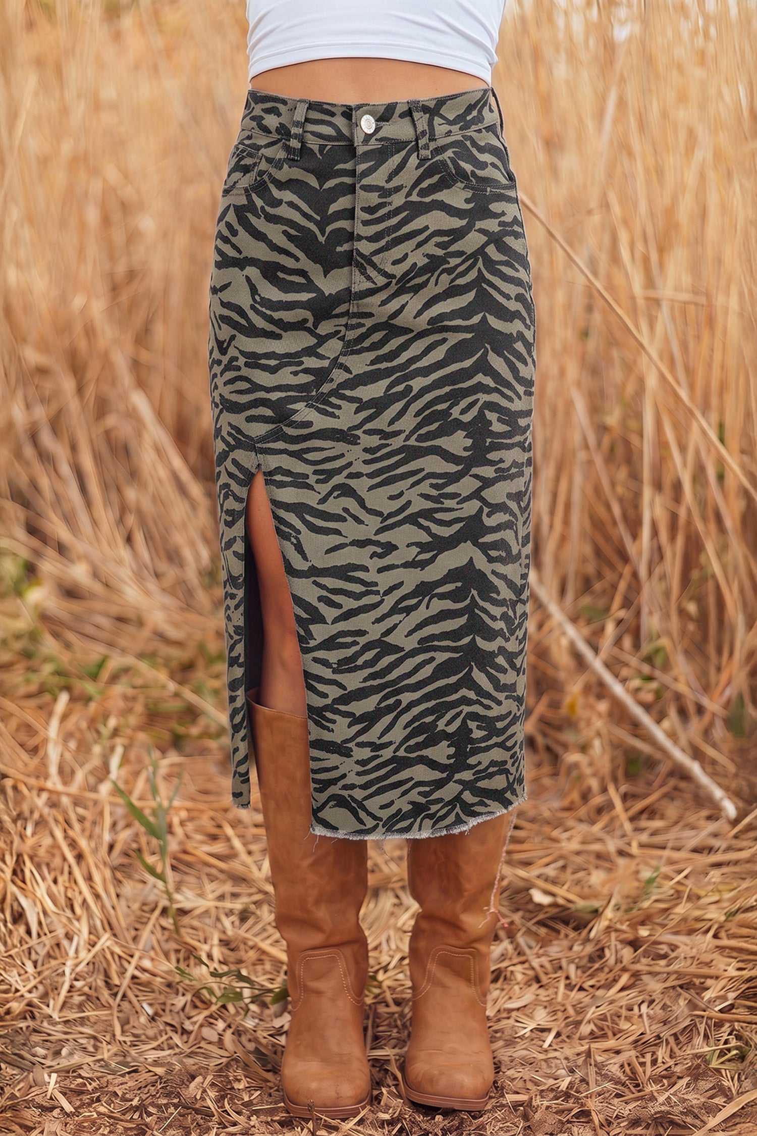 Brown Leopard Print Frayed Edge Denim Skirt Long Casual Daily Wear