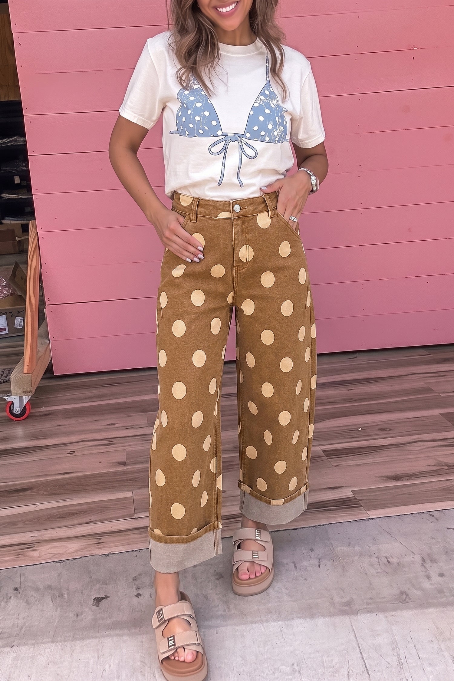 Sky Blue Polka Dot Ankle-Length Metal Button Casual Jeans