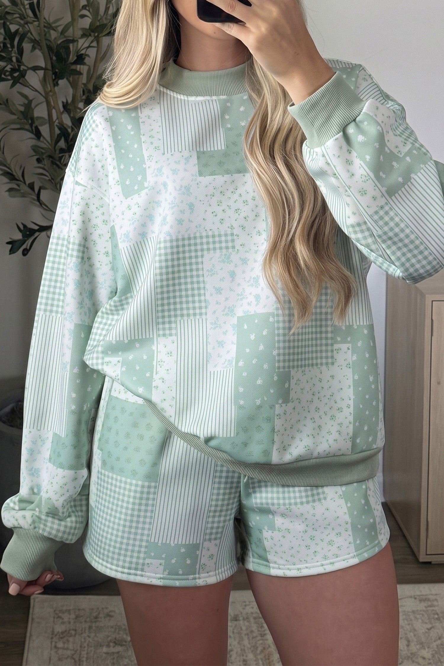 Sky Blue Patchwork Floral Print Drop Shoulder Baggy Pullover Drawstring Shorts Set