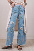 Sky Blue Retro Floral Print Frayed Hem Shift Jeans
