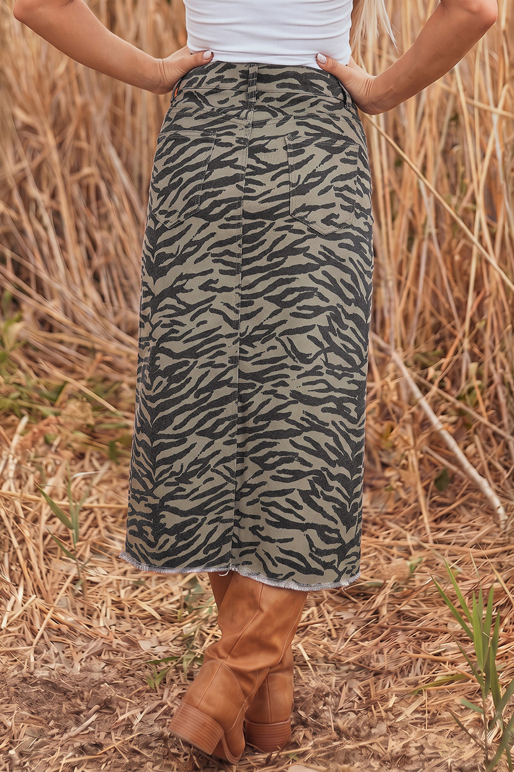 Brown Leopard Print Frayed Edge Denim Skirt Long Casual Daily Wear