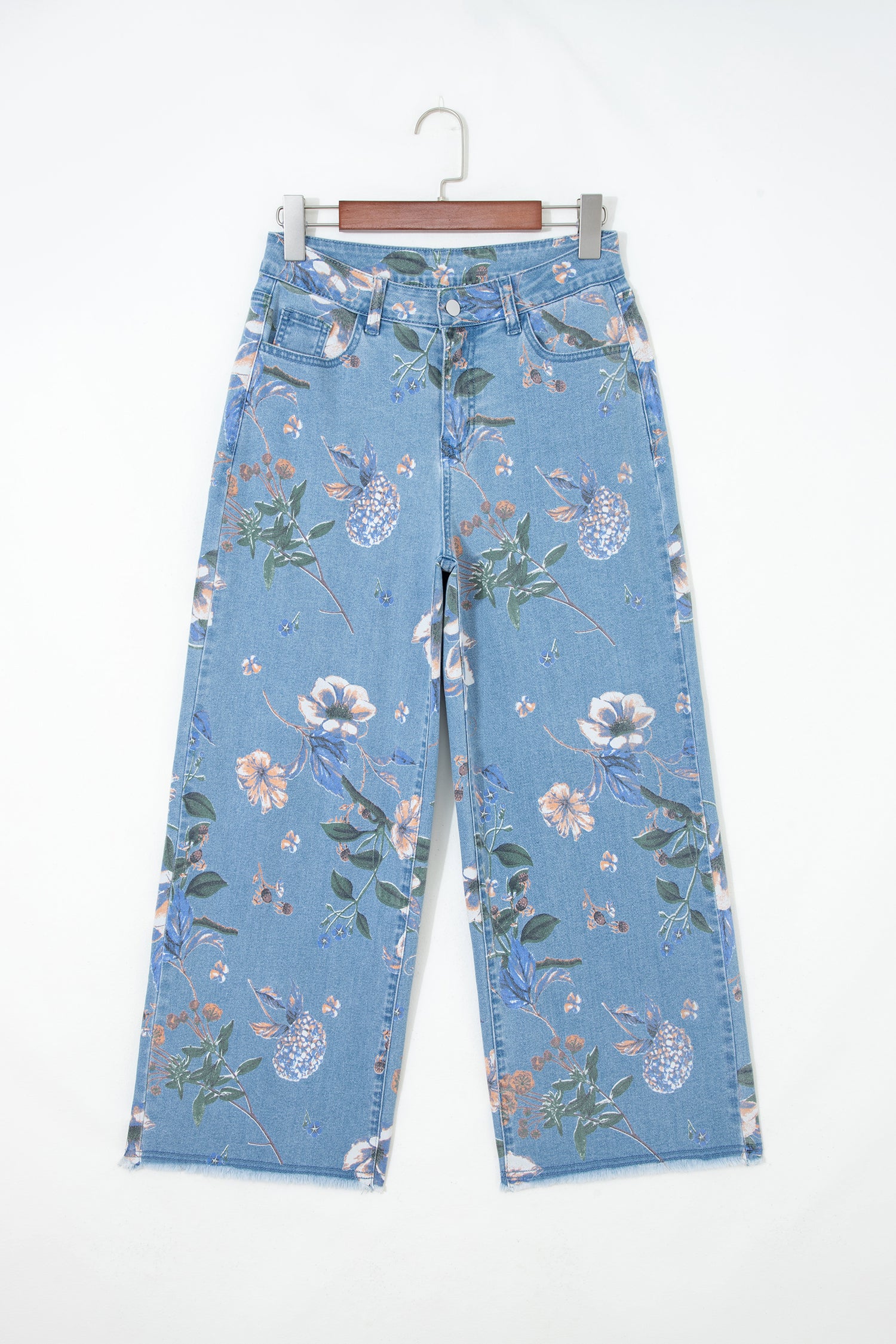 Sky Blue Retro Floral Print Frayed Hem Shift Jeans